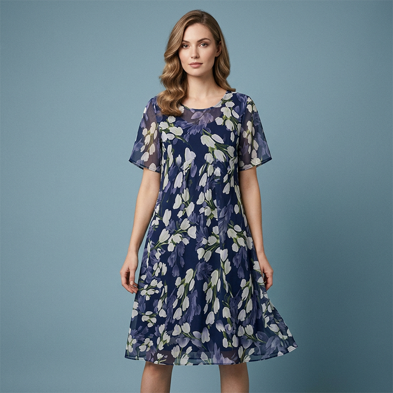 💎 50% OFF! 💎 Short-Sleeved A-Line Evening Dress – Elegant Floral Print, Double-Layer Chiffon & Flattering Knee-Length Cut 👗💙