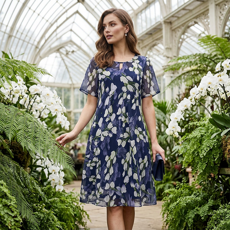 💎 50% OFF! 💎 Short-Sleeved A-Line Evening Dress – Elegant Floral Print, Double-Layer Chiffon & Flattering Knee-Length Cut 👗💙