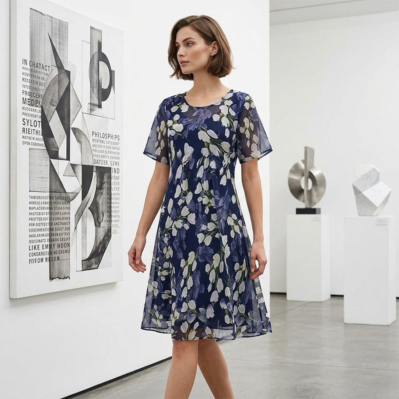 💎 50% OFF! 💎 Short-Sleeved A-Line Evening Dress – Elegant Floral Print, Double-Layer Chiffon & Flattering Knee-Length Cut 👗💙