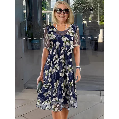 💎 50% OFF! 💎 Short-Sleeved A-Line Evening Dress – Elegant Floral Print, Double-Layer Chiffon & Flattering Knee-Length Cut 👗💙