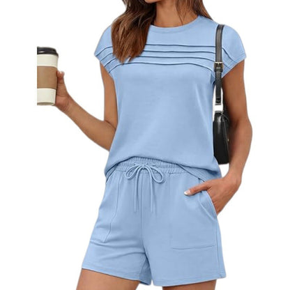 📢📢50% OFF !! ⏰Women's Pintuck T-Shirt & Drawstring Shorts 2-Piece Set