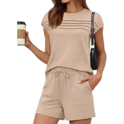 📢📢50% OFF !! ⏰Women's Pintuck T-Shirt & Drawstring Shorts 2-Piece Set