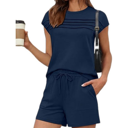 📢📢50% OFF !! ⏰Women's Pintuck T-Shirt & Drawstring Shorts 2-Piece Set