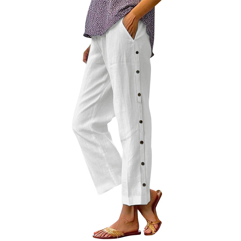 Casual Solid-Color Loose-Fit Cropped Pants with Side Buttons