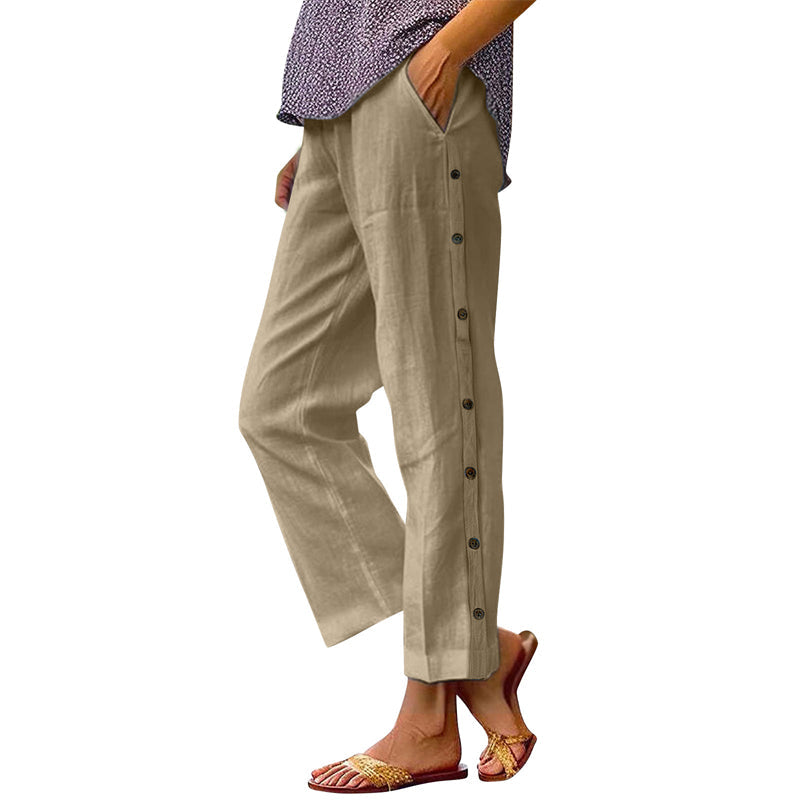 Casual Solid-Color Loose-Fit Cropped Pants with Side Buttons