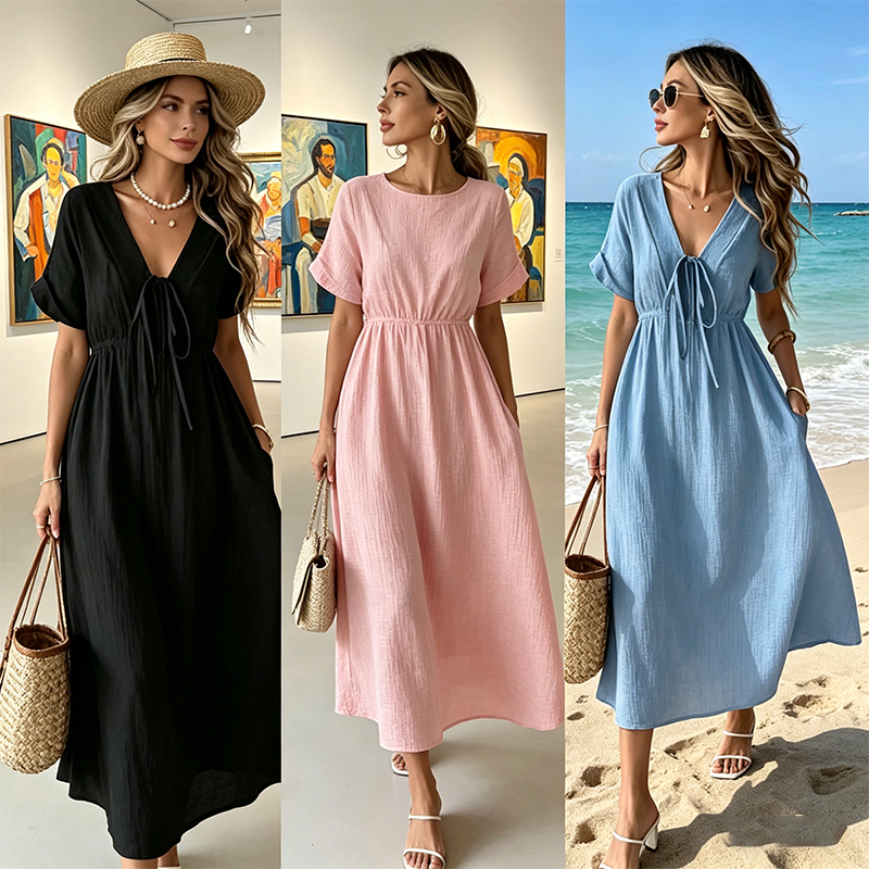 👗 50% OFF NOW! 🌸 Women's Summer V-Neck Tie-Front Midi Dress – Empire Waist, Flowy A-Line & Breathable Cotton Blend ☀️