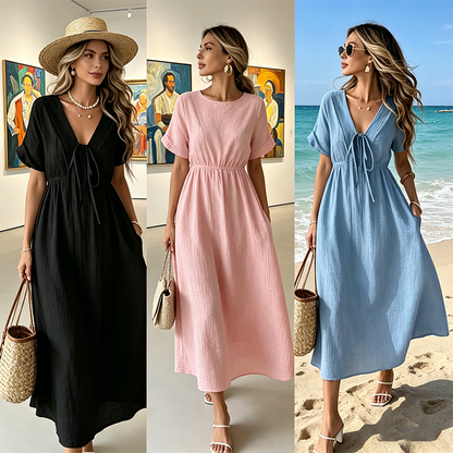 👗 50% OFF NOW! 🌸 Women's Summer V-Neck Tie-Front Midi Dress – Empire Waist, Flowy A-Line & Breathable Cotton Blend ☀️