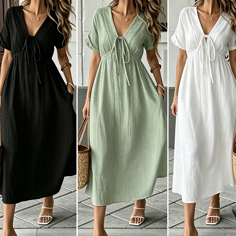 👗 50% OFF NOW! 🌸 Women's Summer V-Neck Tie-Front Midi Dress – Empire Waist, Flowy A-Line & Breathable Cotton Blend ☀️