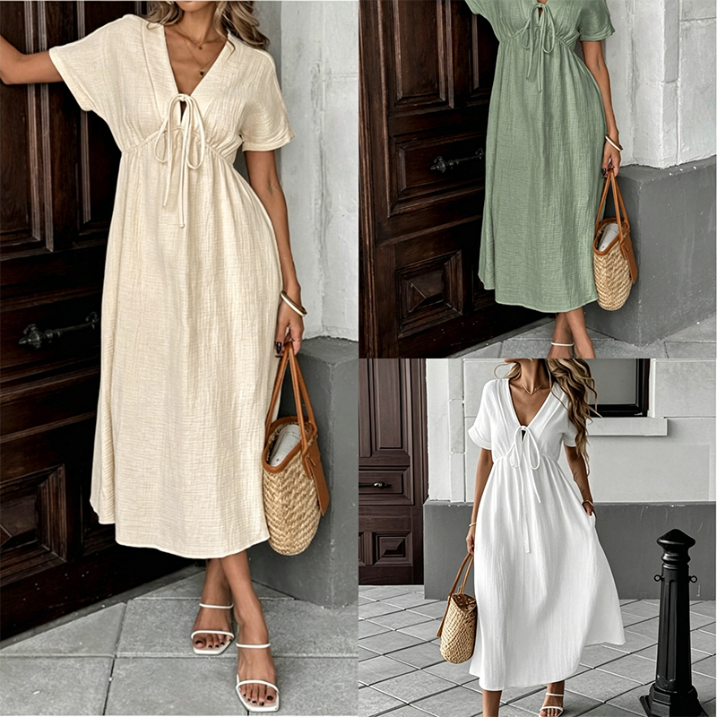 👗 50% OFF NOW! 🌸 Women's Summer V-Neck Tie-Front Midi Dress – Empire Waist, Flowy A-Line & Breathable Cotton Blend ☀️