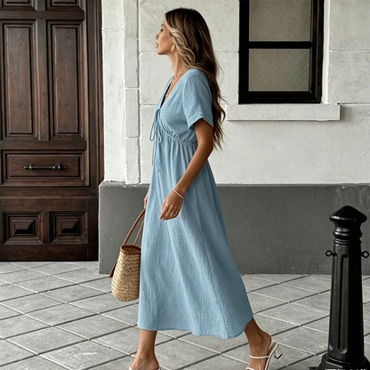 👗 50% OFF NOW! 🌸 Women's Summer V-Neck Tie-Front Midi Dress – Empire Waist, Flowy A-Line & Breathable Cotton Blend ☀️