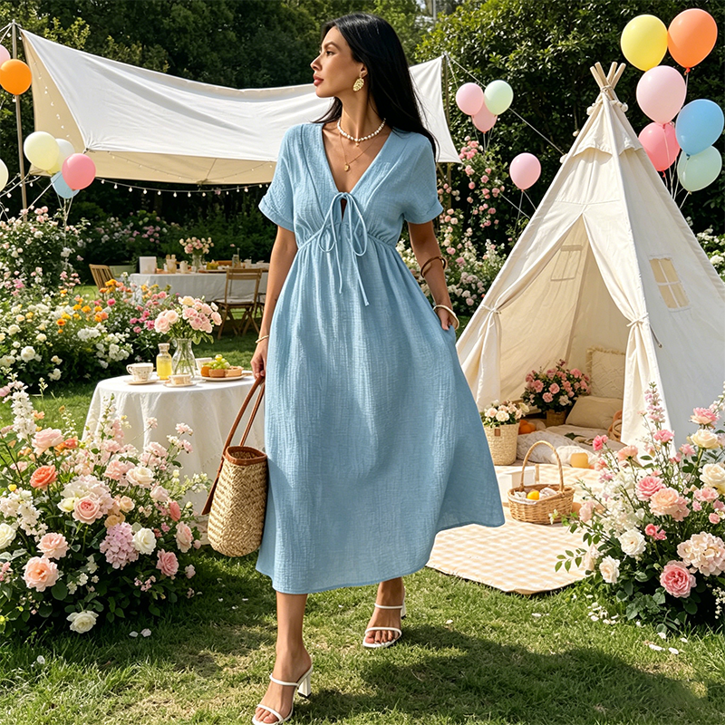 👗 50% OFF NOW! 🌸 Women's Summer V-Neck Tie-Front Midi Dress – Empire Waist, Flowy A-Line & Breathable Cotton Blend ☀️