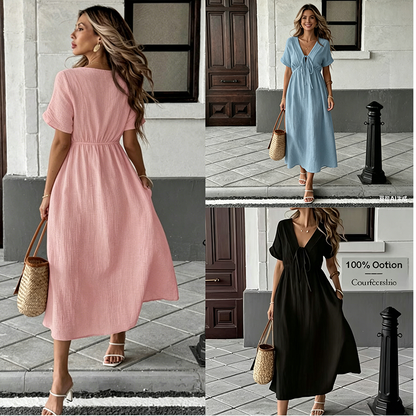 👗 50% OFF NOW! 🌸 Women's Summer V-Neck Tie-Front Midi Dress – Empire Waist, Flowy A-Line & Breathable Cotton Blend ☀️
