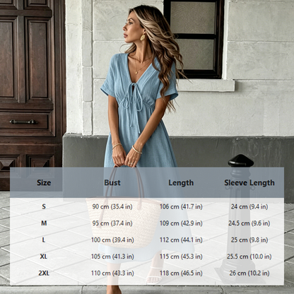 👗 50% OFF NOW! 🌸 Women's Summer V-Neck Tie-Front Midi Dress – Empire Waist, Flowy A-Line & Breathable Cotton Blend ☀️