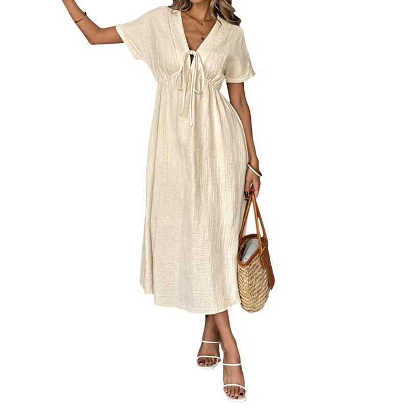 👗 50% OFF NOW! 🌸 Women's Summer V-Neck Tie-Front Midi Dress – Empire Waist, Flowy A-Line & Breathable Cotton Blend ☀️