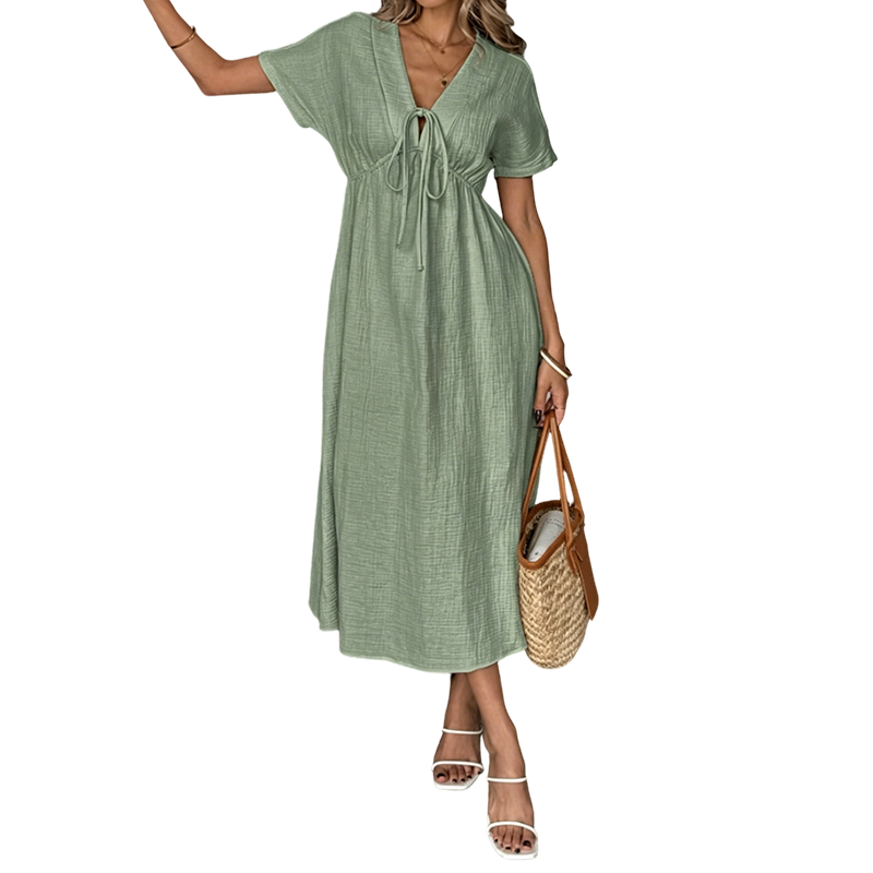 👗 50% OFF NOW! 🌸 Women's Summer V-Neck Tie-Front Midi Dress – Empire Waist, Flowy A-Line & Breathable Cotton Blend ☀️