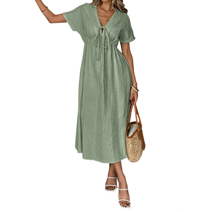 👗 50% OFF NOW! 🌸 Women's Summer V-Neck Tie-Front Midi Dress – Empire Waist, Flowy A-Line & Breathable Cotton Blend ☀️
