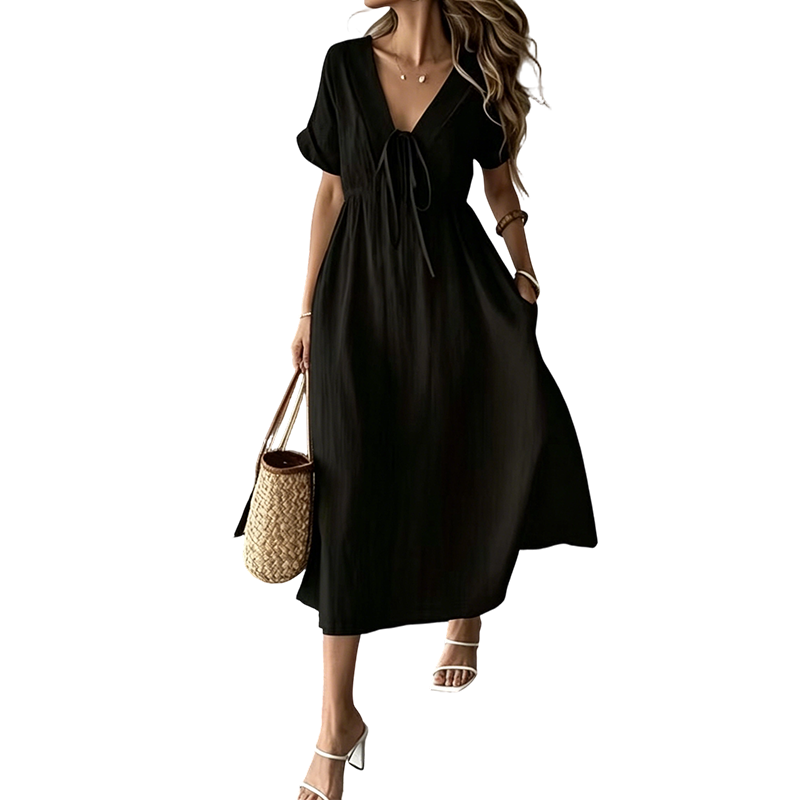 👗 50% OFF NOW! 🌸 Women's Summer V-Neck Tie-Front Midi Dress – Empire Waist, Flowy A-Line & Breathable Cotton Blend ☀️
