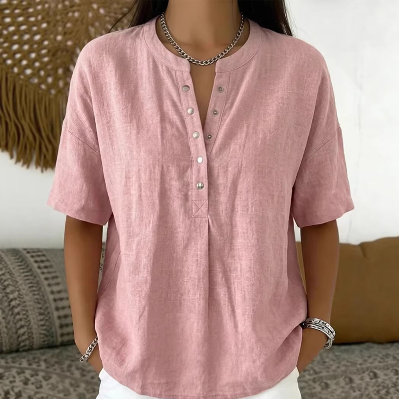 New Arrivals🔥 Women's Casual Henley Collar Linen And Cotton Short-sleeve Shirt