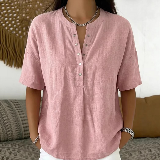 New Arrivals🔥 Women's Casual Henley Collar Linen And Cotton Short-sleeve Shirt