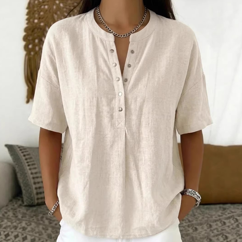 New Arrivals🔥 Women's Casual Henley Collar Linen And Cotton Short-sleeve Shirt