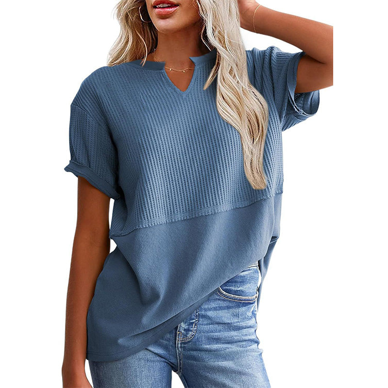 Women's Casual V-neck Patchwork Short-Sleeved Shirt