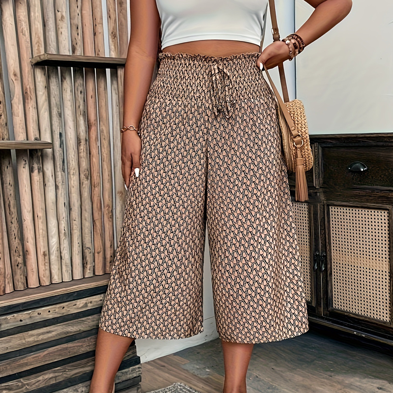 Women's Smocked High Waist Wide-Leg Capri Pants