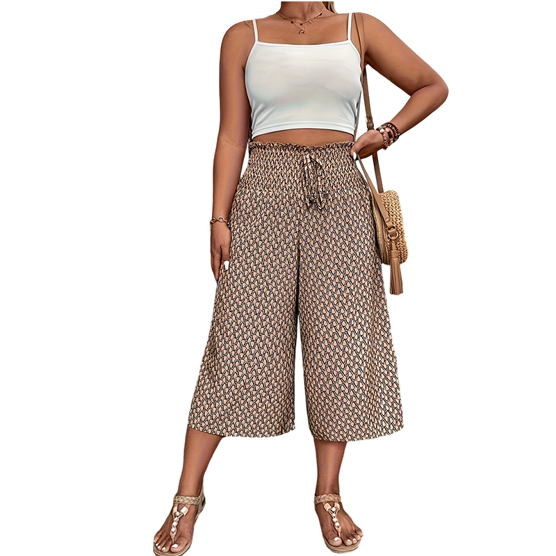 Women's Smocked High Waist Wide-Leg Capri Pants