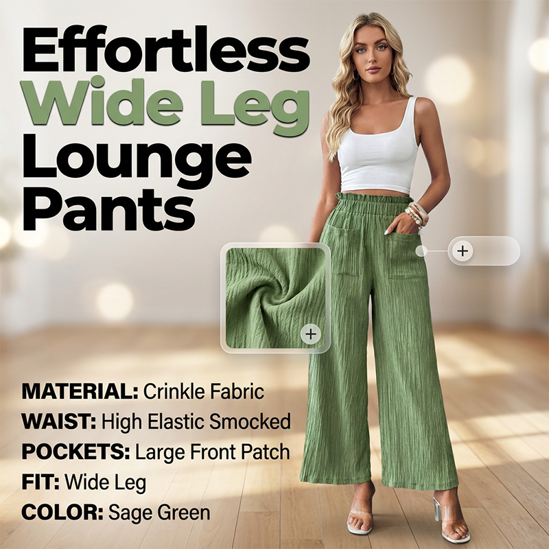 👖 50% OFF NOW!🌿 Women's Casual Solid-Color Loose-Fitting Pants – High-Waisted Wide Leg & Crinkle Texture – Comfy Lounge Trousers ✨
