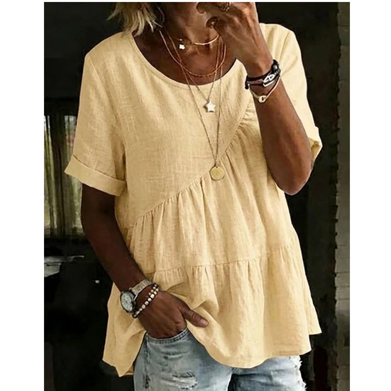 ✨BIG SALE ALERT✨☀️Trendy Must-Have💥Up To 50% OFF!Women's Short Sleeve Tiered Tunic Top – Soft breathable fabric, elegant layered style, all-match outfit✅