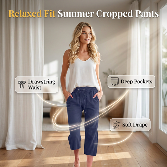 Women's Casual Cotton Linen Capri Pants with Pockets