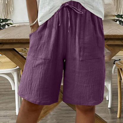 Women's Cotton Linen High-Waist Elastic Shorts