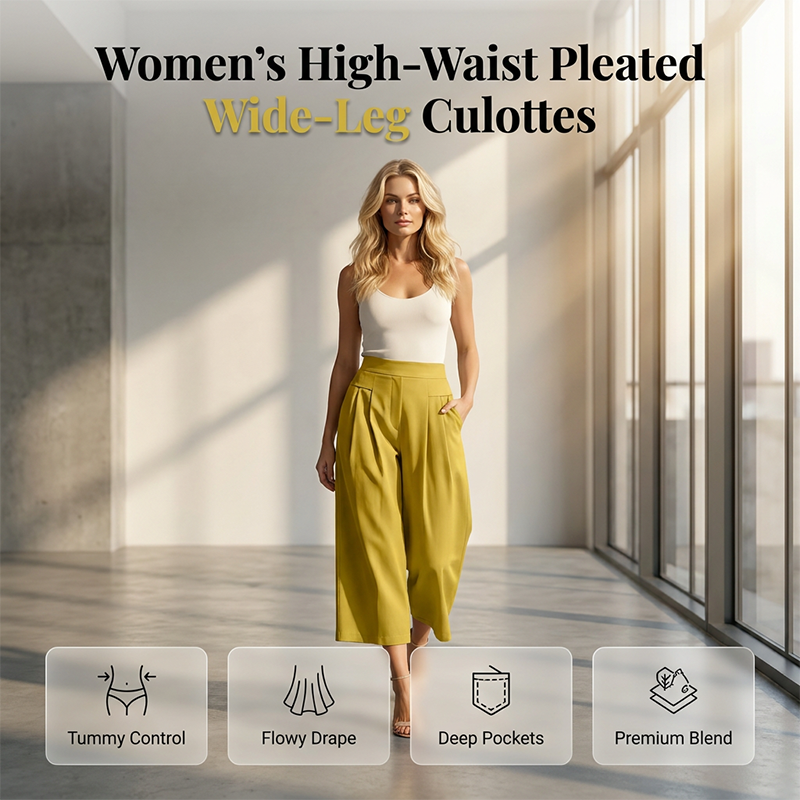 Women's High-Waist Pleated Wide-Leg Culottes