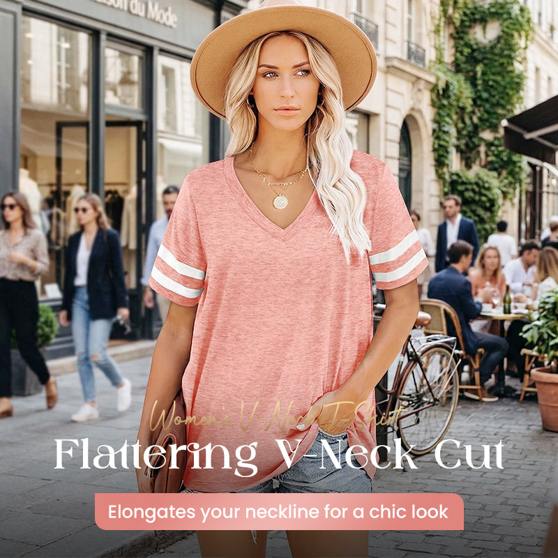 Women's V-Neck Striped Short Sleeve T-Shirt