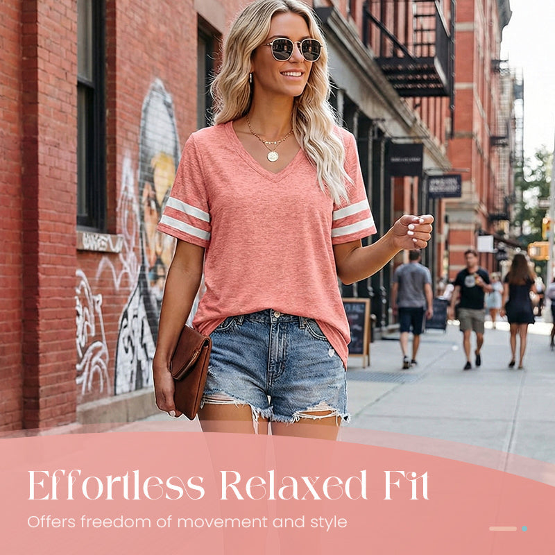 Women's V-Neck Striped Short Sleeve T-Shirt