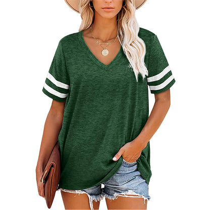 Women's V-Neck Striped Short Sleeve T-Shirt