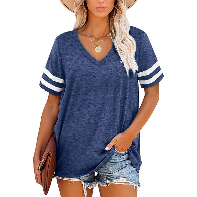 Women's V-Neck Striped Short Sleeve T-Shirt
