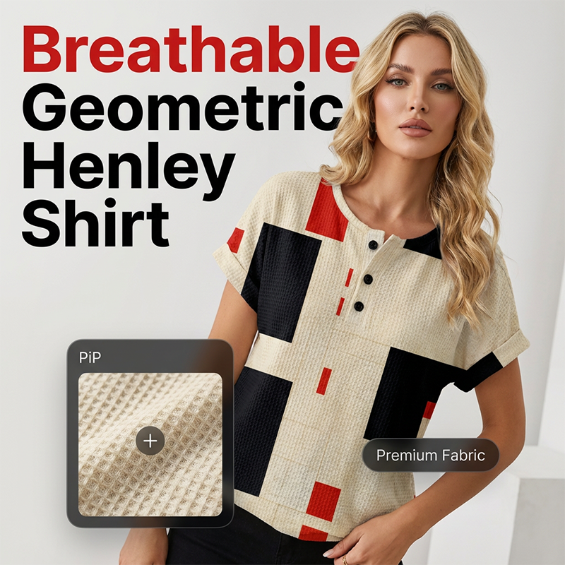 Women's Colorful Abstract Print Henley T-Shirt
