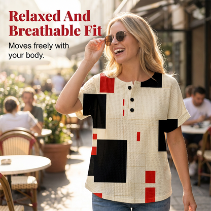 Women's Colorful Abstract Print Henley T-Shirt