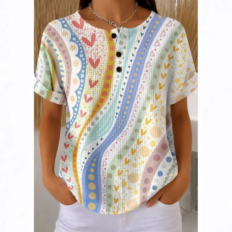 Women's Colorful Abstract Print Henley T-Shirt