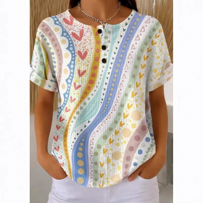 Women's Colorful Abstract Print Henley T-Shirt