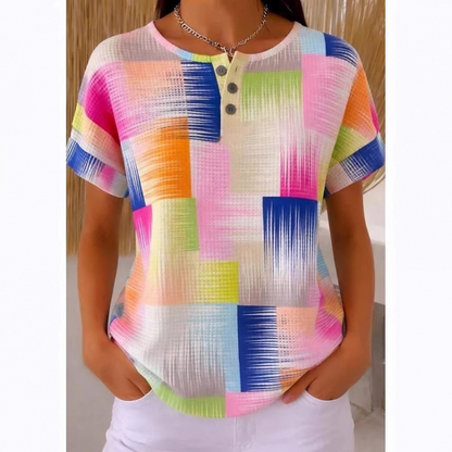 Women's Colorful Abstract Print Henley T-Shirt