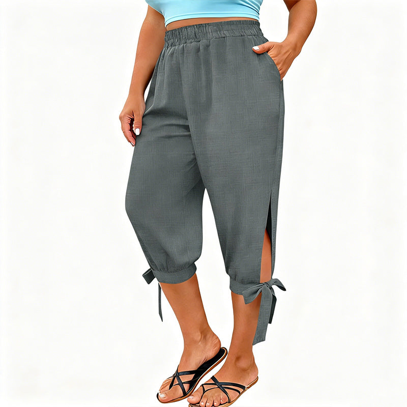 👖 LIMITED-TIME 50% OFF! ✨ Women's Elastic Waist Capri Pants – Breathable, Stretchy, Side Tie Detail 🌿