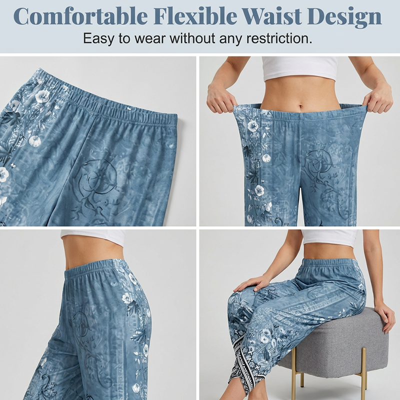 Women's Vintage Floral Print Wide Leg Pants