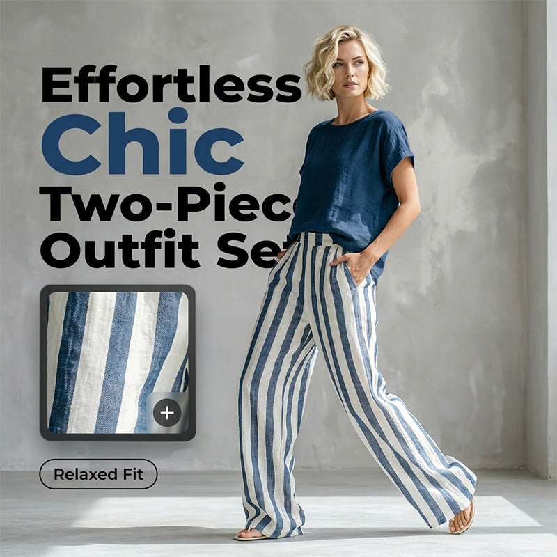 Women's Casual Solid Top & Striped Wide-Leg Pants