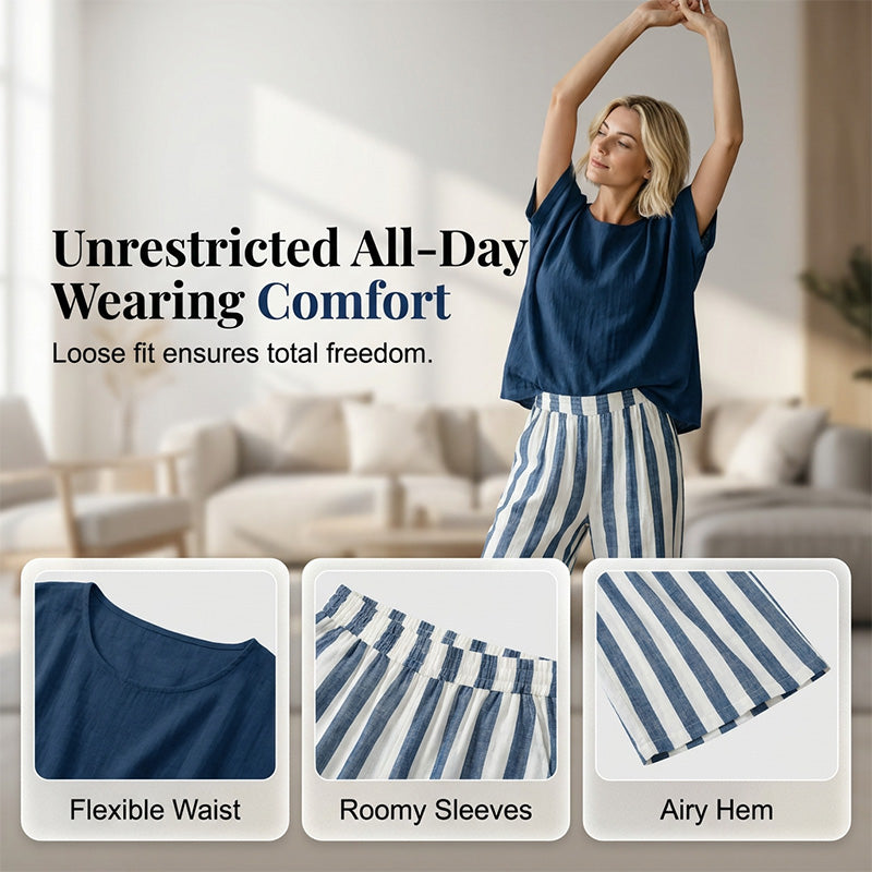 Women's Casual Solid Top & Striped Wide-Leg Pants