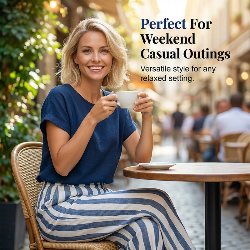 Women's Casual Solid Top & Striped Wide-Leg Pants
