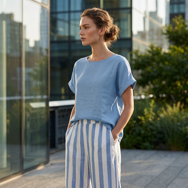 Women's Casual Solid Top & Striped Wide-Leg Pants