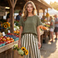 Women's Casual Solid Top & Striped Wide-Leg Pants