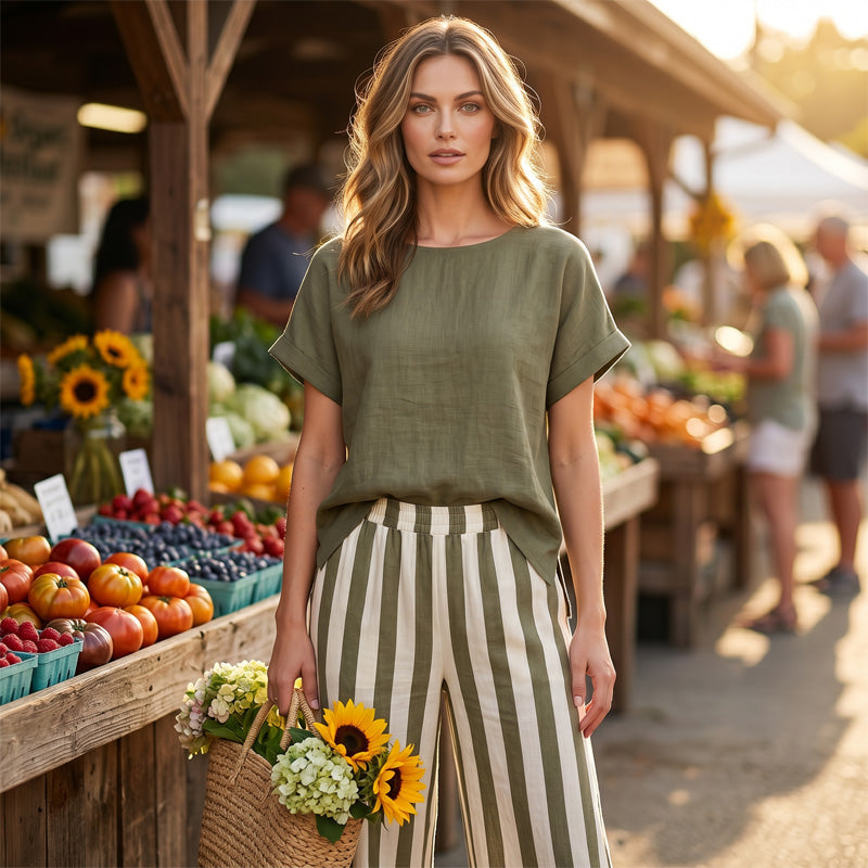 Women's Casual Solid Top & Striped Wide-Leg Pants