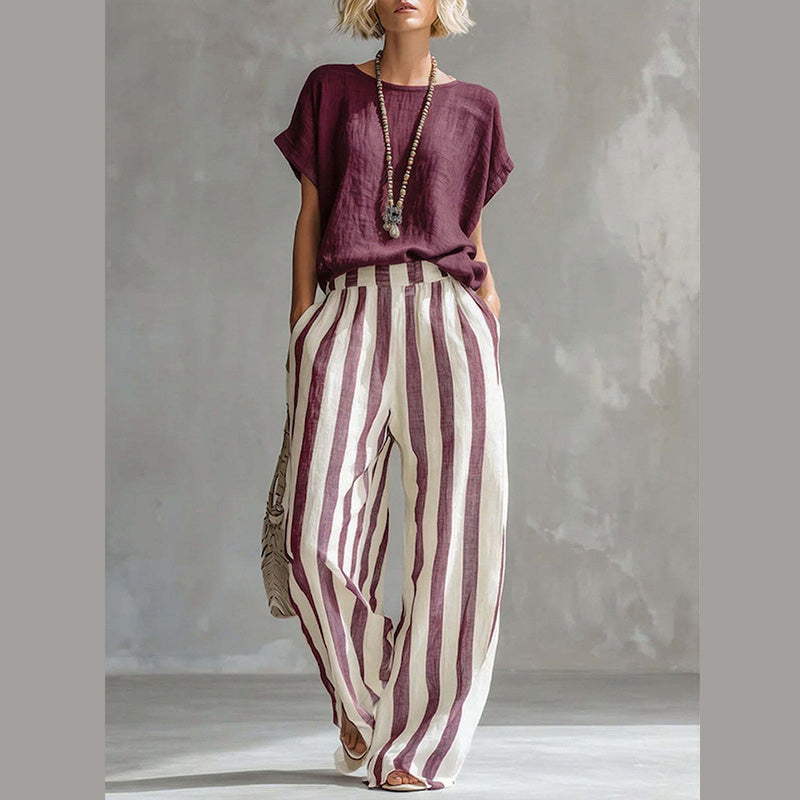 Women's Casual Solid Top & Striped Wide-Leg Pants